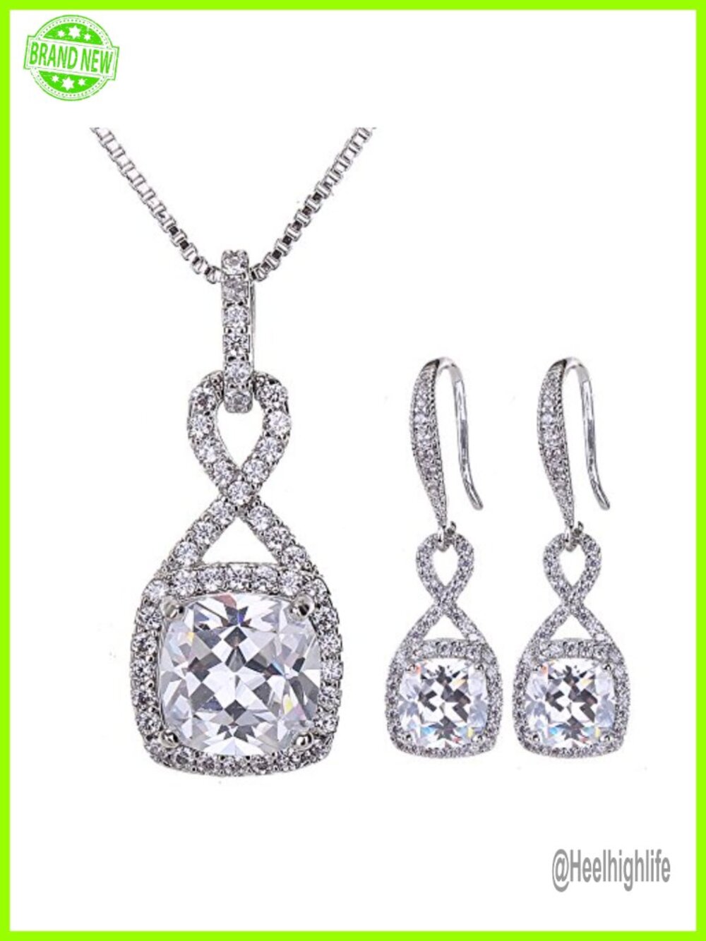 Sterling Silver Cube CZ Bridal Pendant Necklace Earrings Jewelry Set